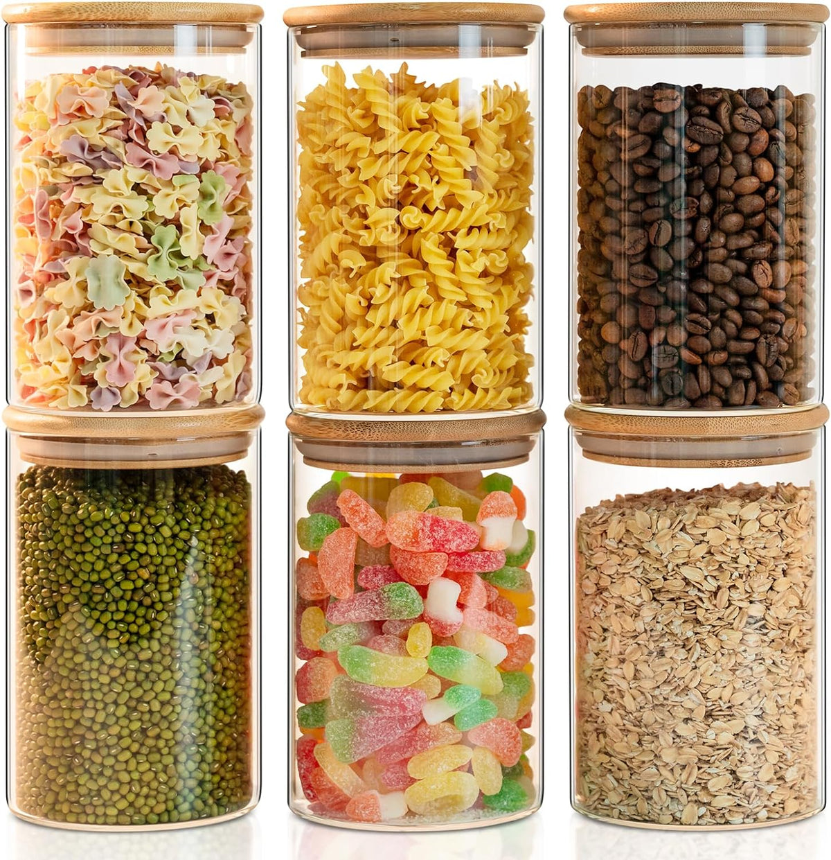 Liuruiyu 6 Pack Glass Food Storage Jars 37 oz,Glass Storage Containers Clear Glass Food Canister with Bamboo Lid Airtight For Serving Tea, Coffee, Flour, Sugar, Candy, Cookie, Spice and More (Square)