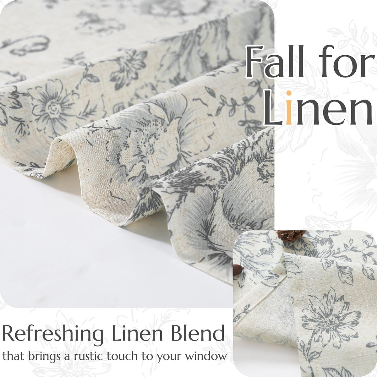 JINCHAN Tie Up Valance Curtain Floral for Windows 45 Inch 1 Panel Grey