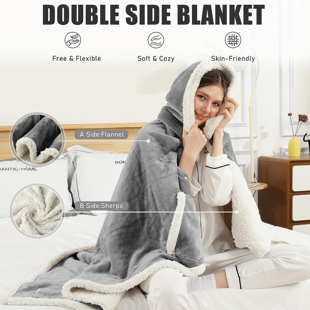 COZYTY Wearable Heated Blanket Shawl - Electric Wrap Poncho Heated Throw Blanket with Hand Pockets, 50 * 64", 6 Heating Levels & 1-4H Timer, Ideal for Family, Light Grey