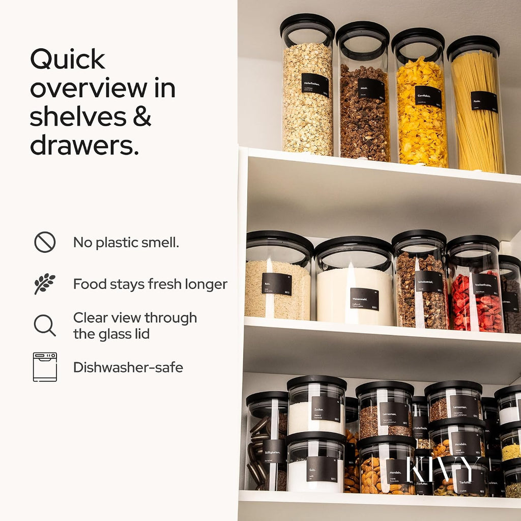 KIVY Airtight Glass Jars with transparent Lids & Labels 3x 40oz - Stackable