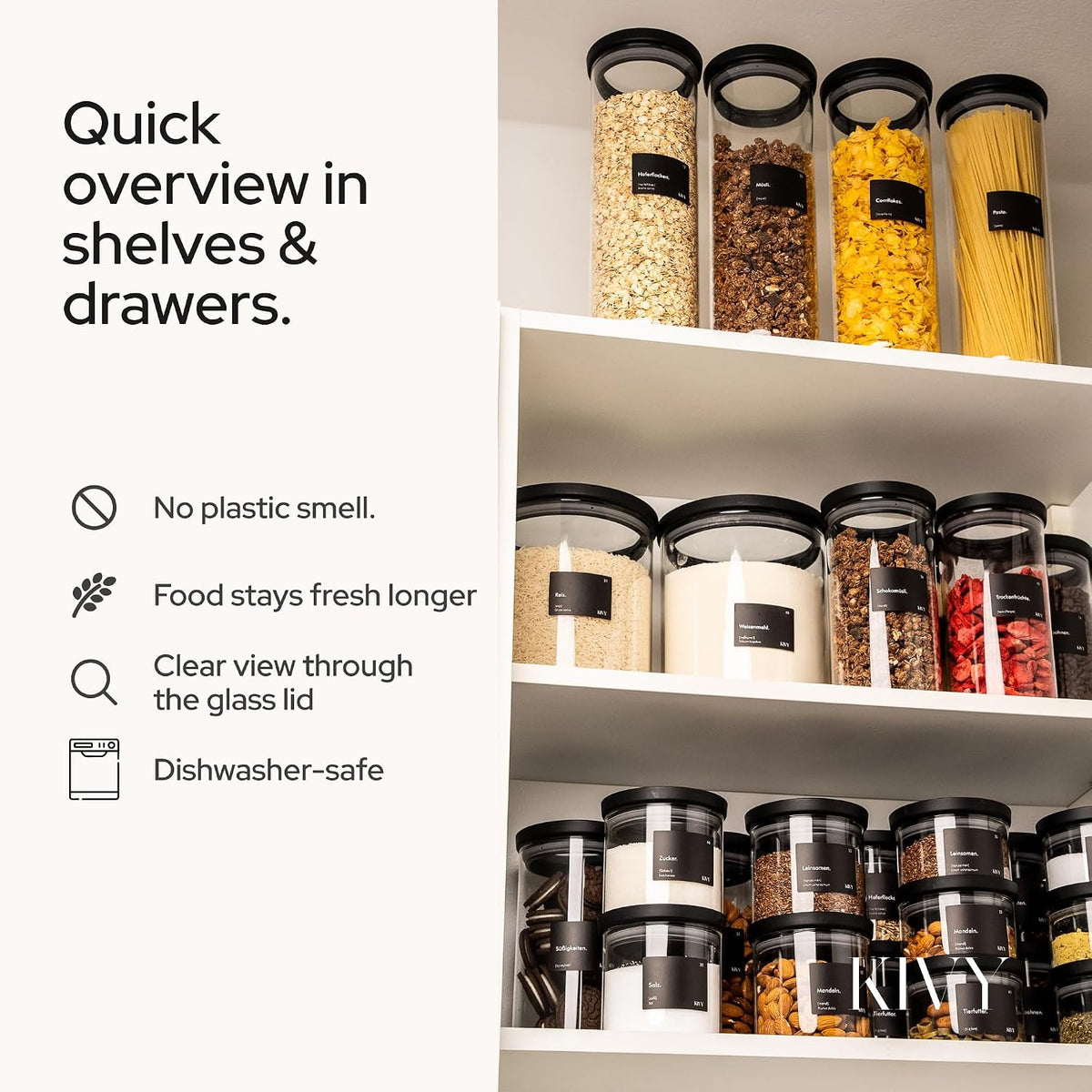 KIVY Airtight Glass Jars with transparent Lids & Labels 3x 40oz - Stackable