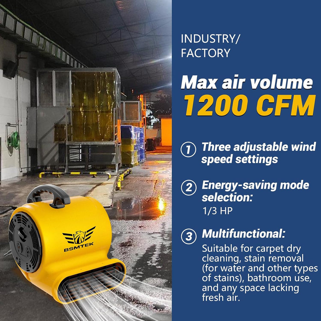 Air Mover Blower Fan, Industrial 1/3HP 1200CFM Monster Floor Blower Carpet Dryers - 3 Speeds Switch, 4 Adjustable Angles, 15FT Long Cord, Stackable - 2025 Upgraded