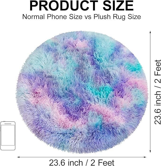 Tie Dye Rainbow Round Rugs Small 2x2 ft Fluffy Circle Rug Furry Carpet Shaggy - Image 2