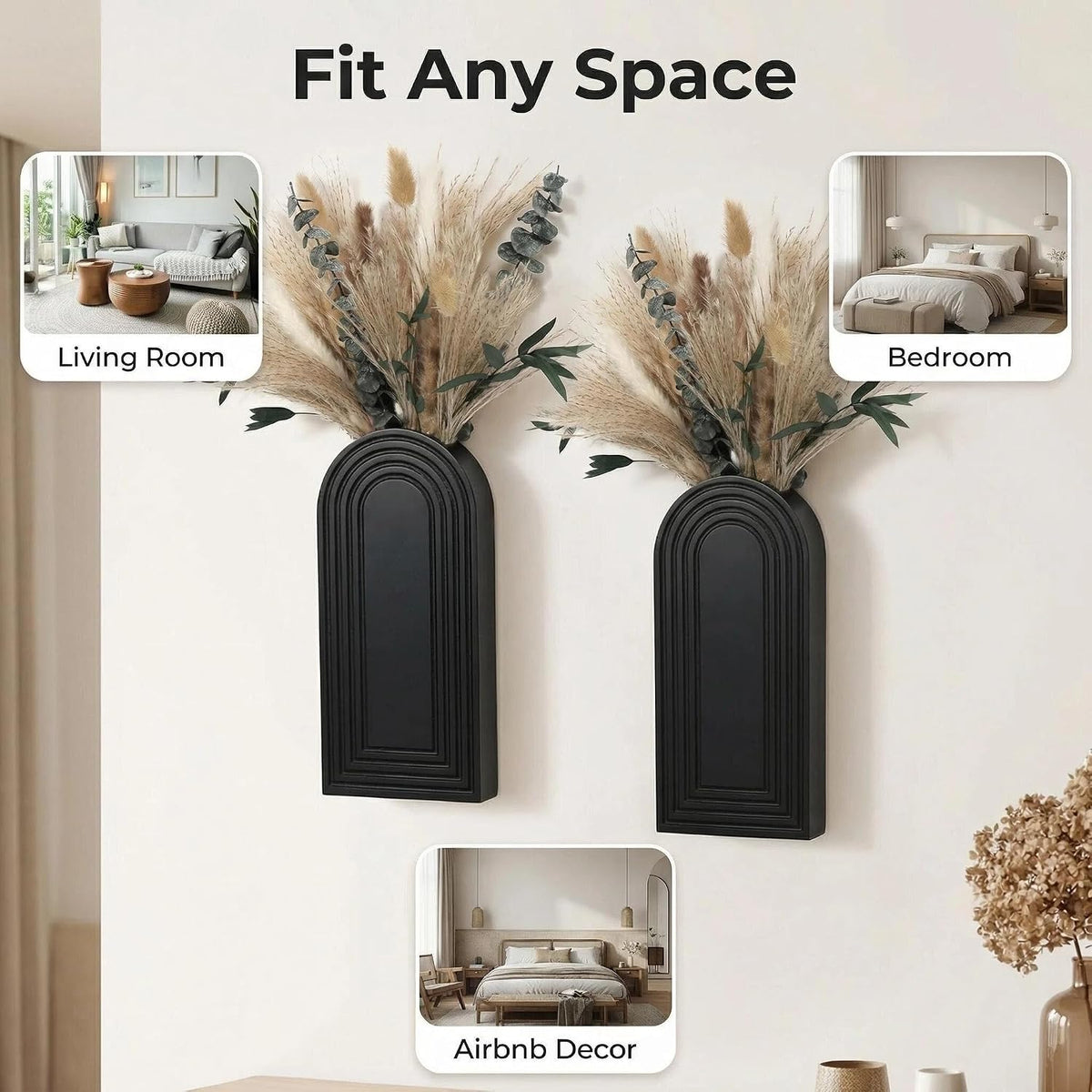Set of 2 Wooden Wall Vases with Dried Pampas Grass & Eucalyptus, Boho Farmhouse Decor for Living Room, Entryway, Bathroom, Rustic Home Art(Black)