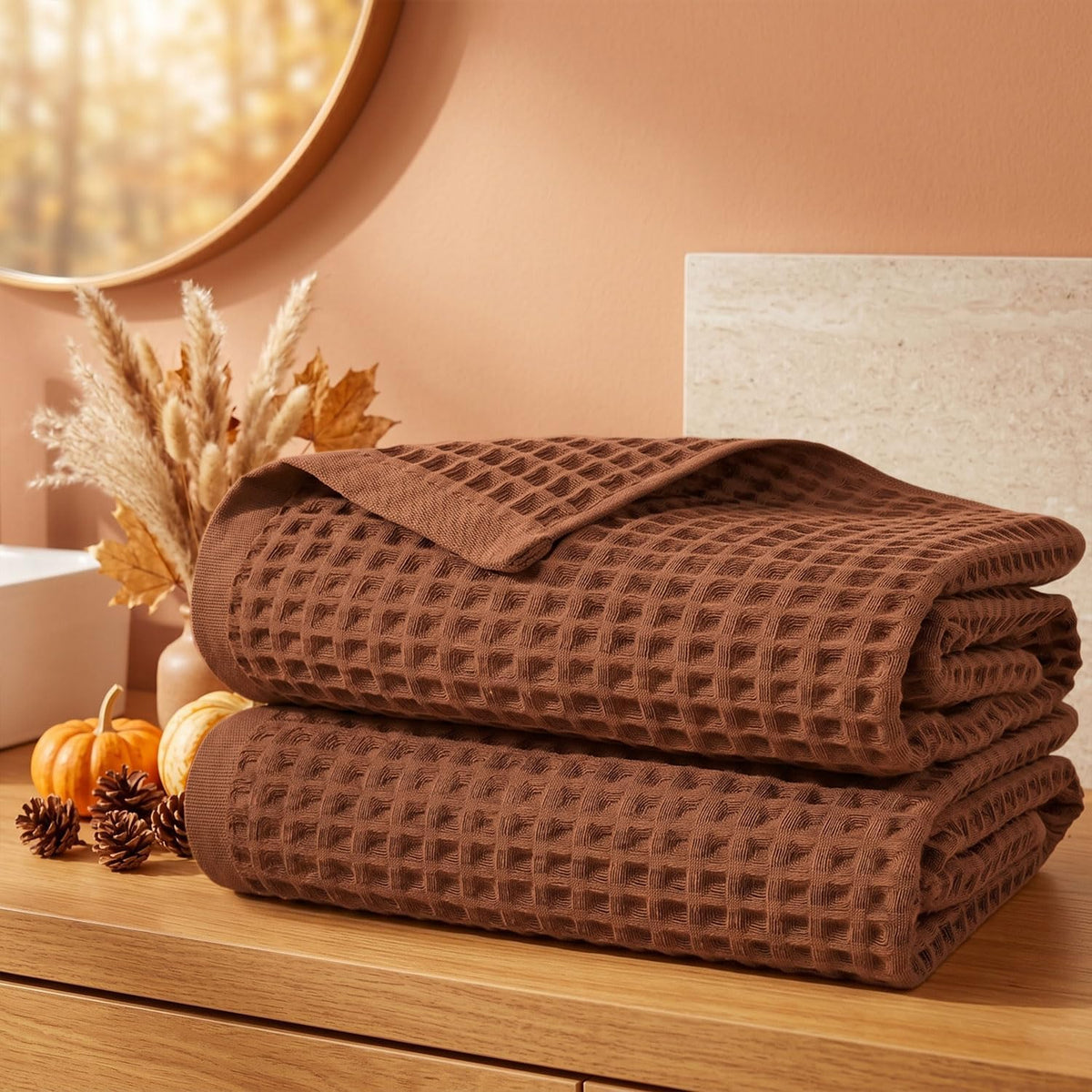 Waffle Bath Towels Set of 2 (Rust) - Fall Bathroom Decor, Large 31” x 62”