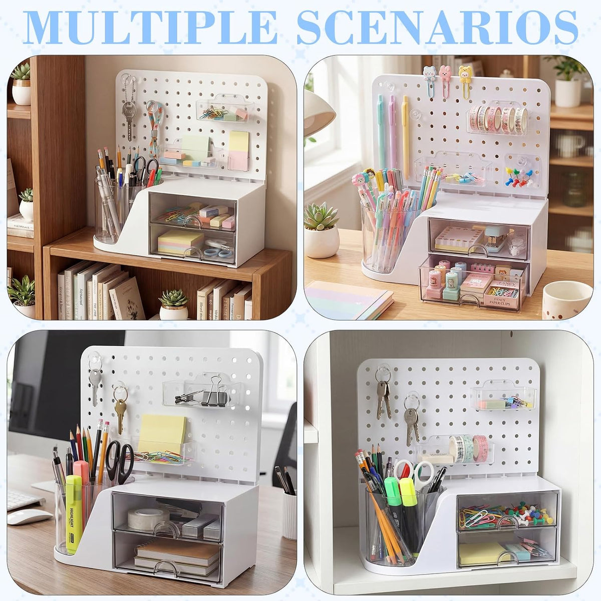 Desk Organizer with Drawers, White Rotating Pen Holder 5 Slots & Pegboard