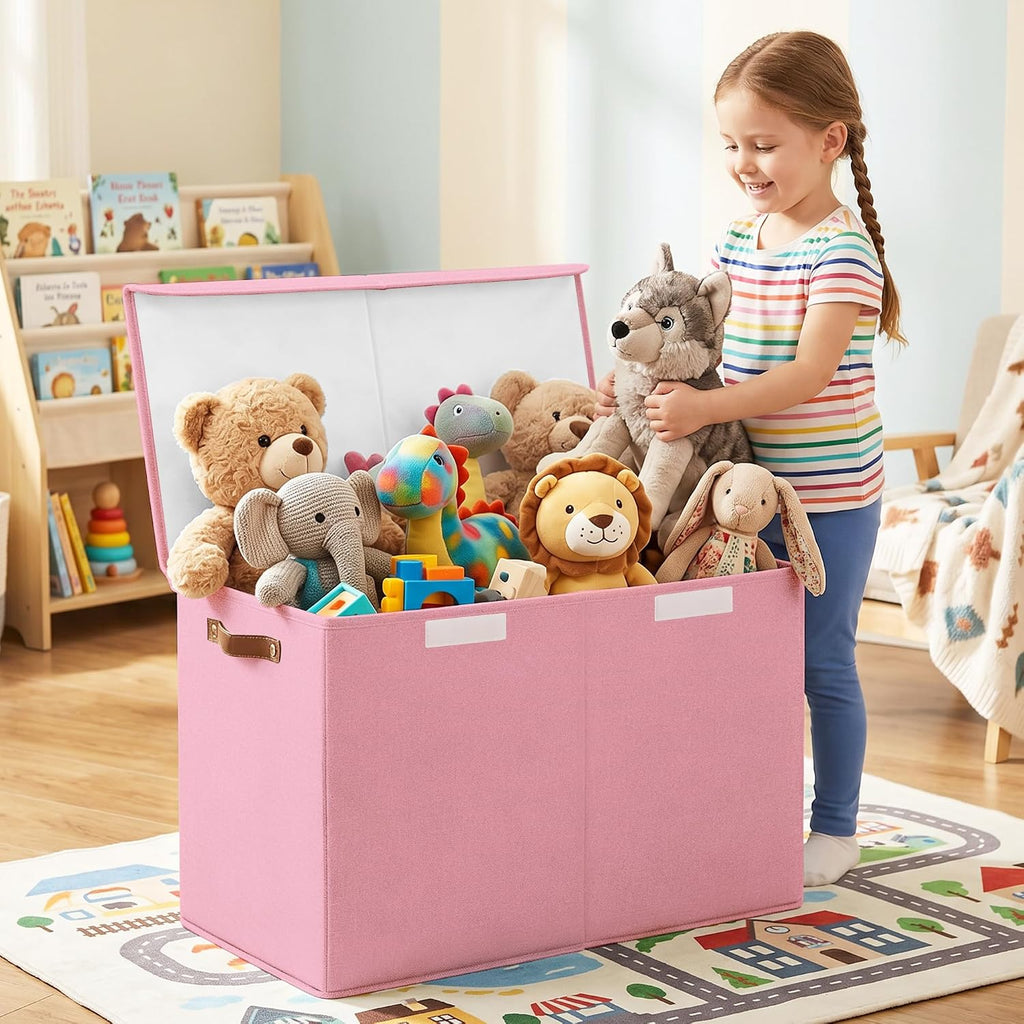 Large Toy Storage Box with Lids, Collapsible Sturdy Baby Storage Organizer Chest Bin Basket for Kids, Boys, Girls, Playroom, Nursery, Bedroom, Closet 25"x13"x16" (Pink)