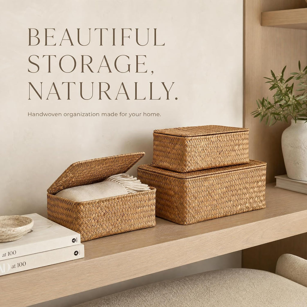 Decorative Wicker Storage Boxes with Lids - Set of 3 Seagrass Organizers
