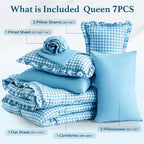 BDEUS 7 Pieces Gingham Ruffle Comforter Set Queen Size, Blue Grid Tartan Bedding Set, Soft Breathable Fabric Comforter with Flat Sheet, Fitted Sheet, 2 Pillowcases & 2 Shams, 88"X88"