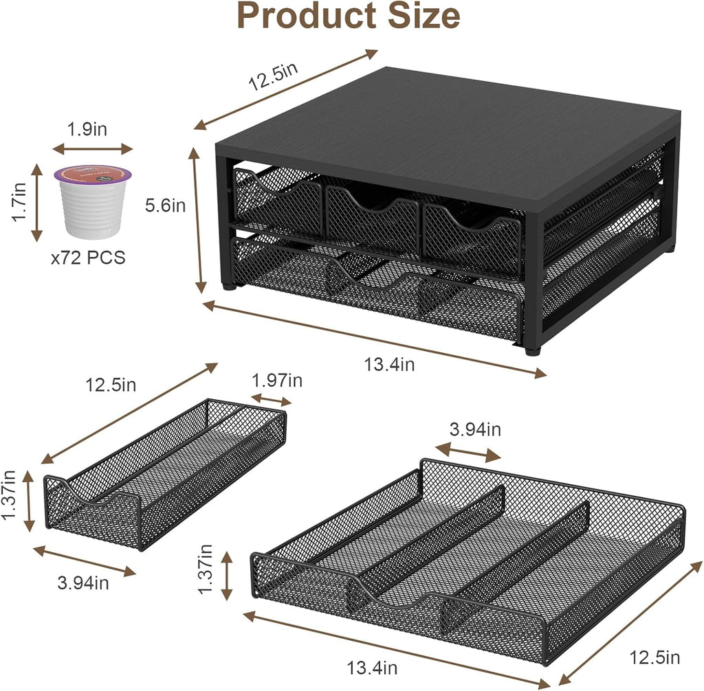 Coffee Pod Holder For Counter, 3 Pull-Out 72 K Cup Holder Drawer, Wooden Cafe Pods Storage Organizer with Sliding Drawers for Coffee Station, Home, Kitchen, Office, Dorm (Black)