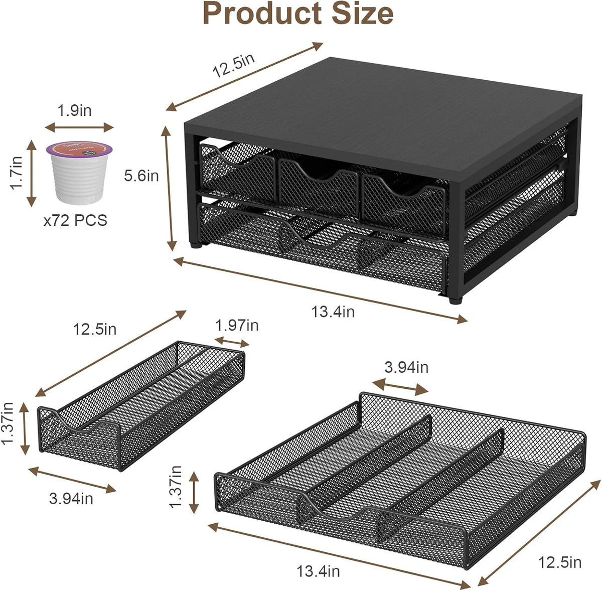 Coffee Pod Holder For Counter, 3 Pull-Out 72 K Cup Holder Drawer, Wooden Cafe Pods Storage Organizer with Sliding Drawers for Coffee Station, Home, Kitchen, Office, Dorm (Black)