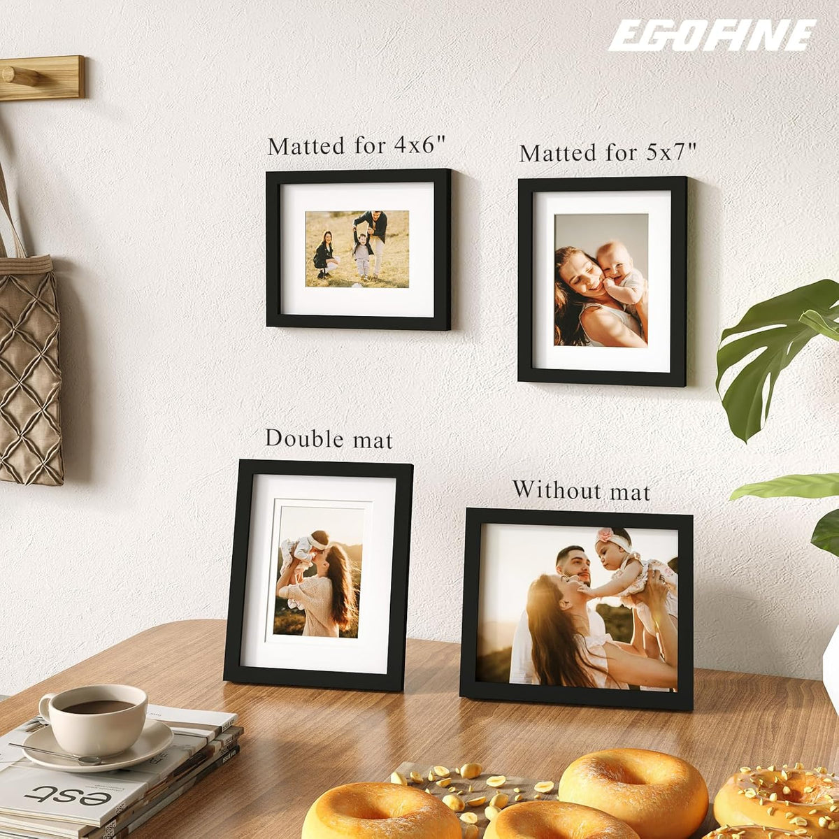 Egofine 8x10 Picture Frames Set of 4, Made of Solid Wood Covered by Plexiglass 4x6 and 5x7 with Mat or 8x10 without Mat, for Table Top Display and Wall Mounting Photo Frame Black