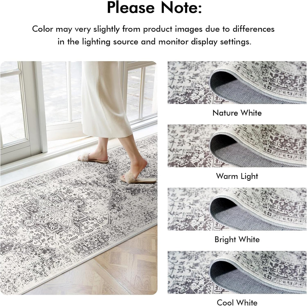 3x6 Washable Runner Rug: Vintage Medallion Kitchen Soft Rugs Gray