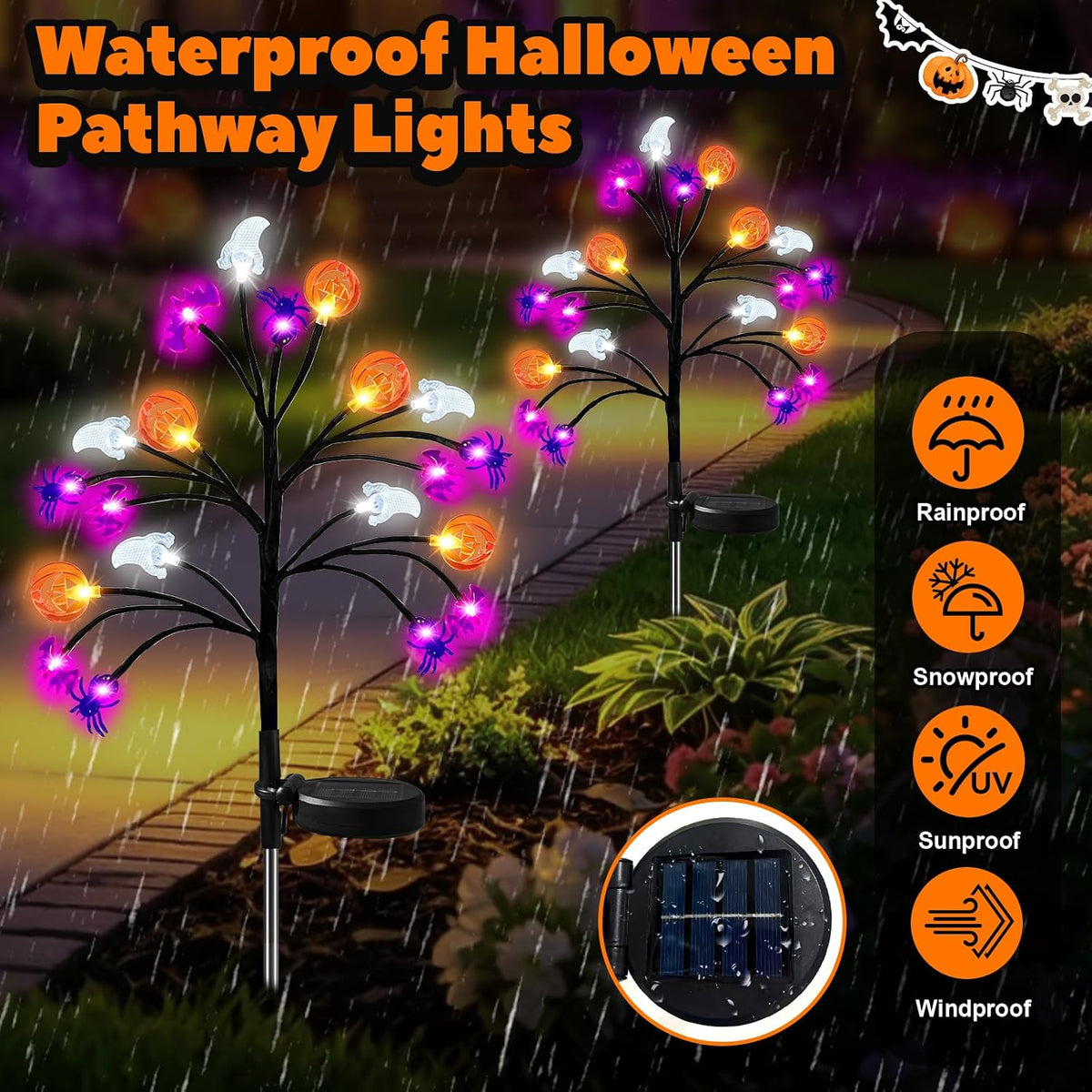 Solar Halloween Lights, 2 Pack IP65 20 LED 8 Modes Auto On/Off, 3D Ghosts Bats Spiders Pumpkins, Cool White Glow, Auto On/Off Sensor, IP65 Rated — Garden, Yard, Patio, Porch, Party Decor