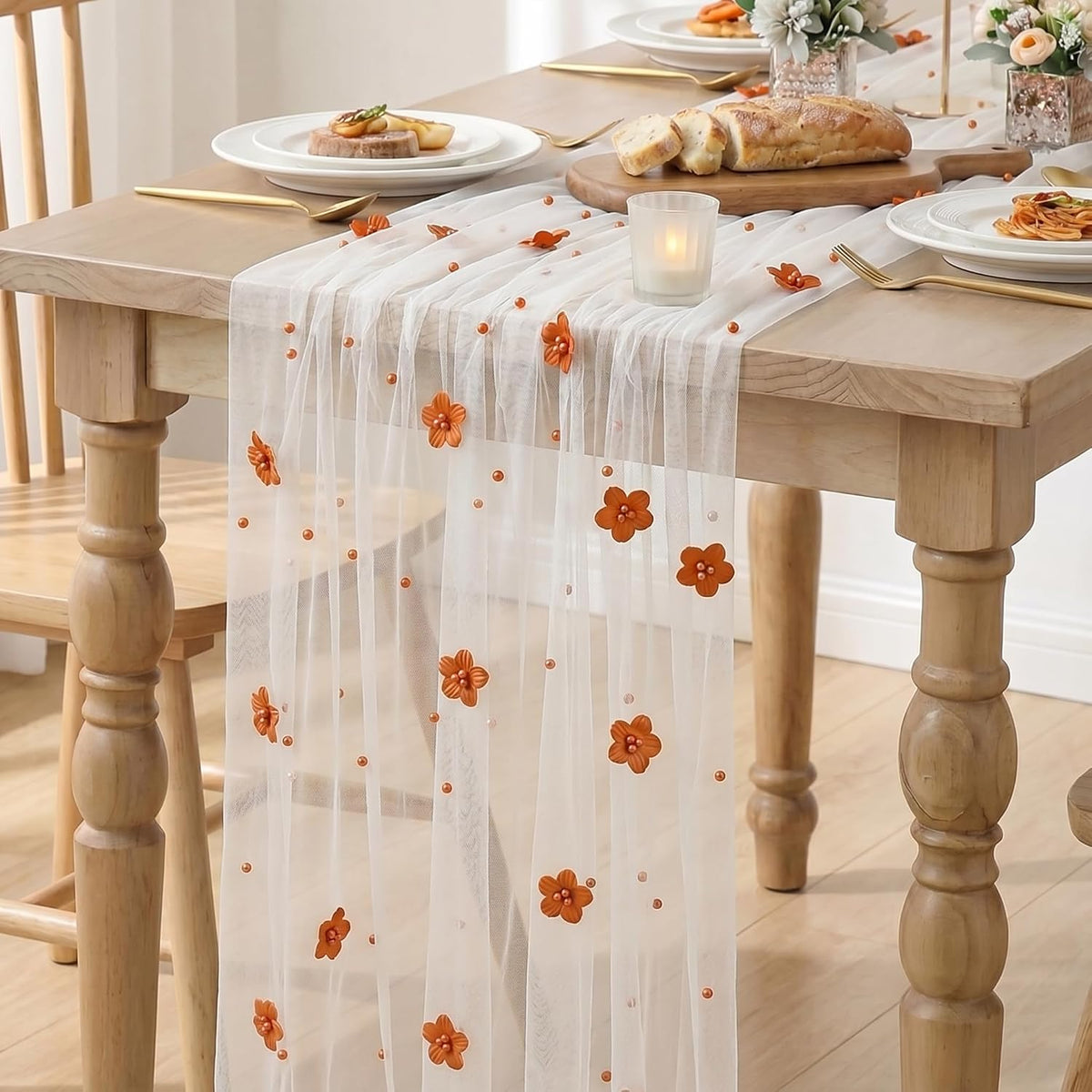 Artoid Mode Caramel Flower Pearl White Gauze Table Runner 10FT, Seasonal Sheer Dining Holiday Wedding Birthday Baby Shower Table Decor for Home Party