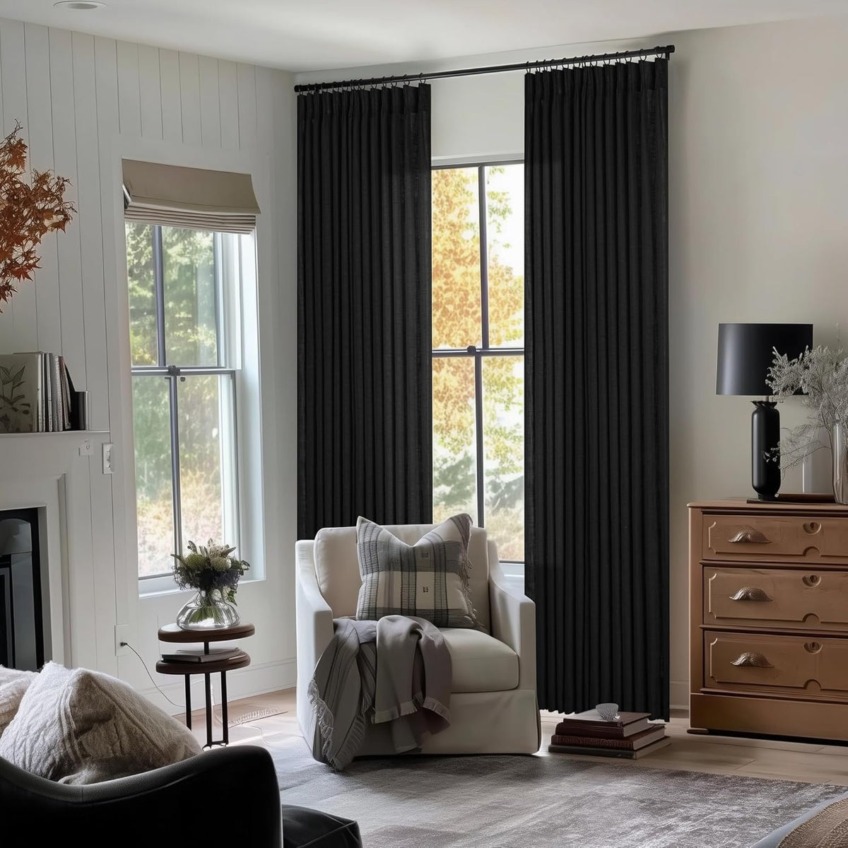 TWODRAPES Black Pinch Pleated Linen Semi Sheer 84 Inch Curtains 2 Panels