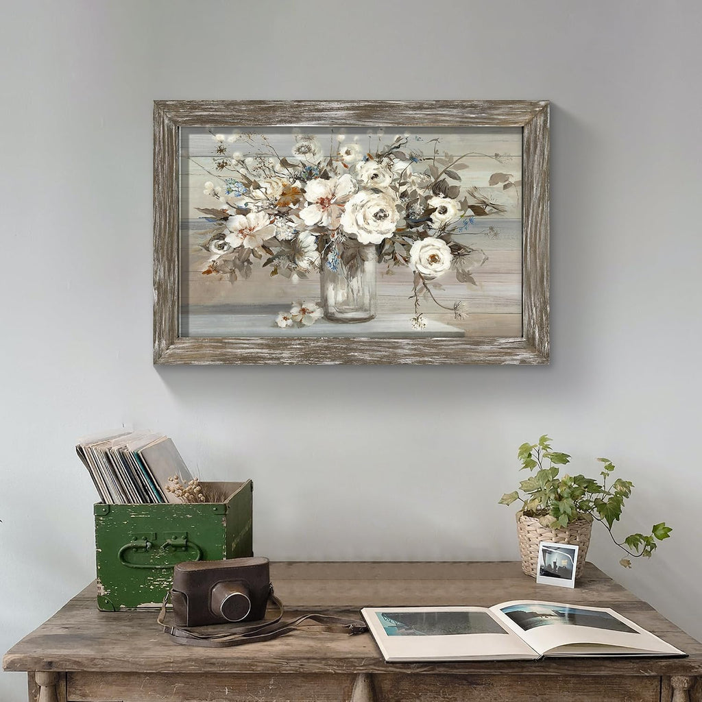 Floral Bouquet Wooden Framed Picture: Vintage Botanical Flowers in Crystal Vase Wall Art Artwork Print Rustic Abstract Nature Plant Painting for Living Room Bedroom Farmhouse