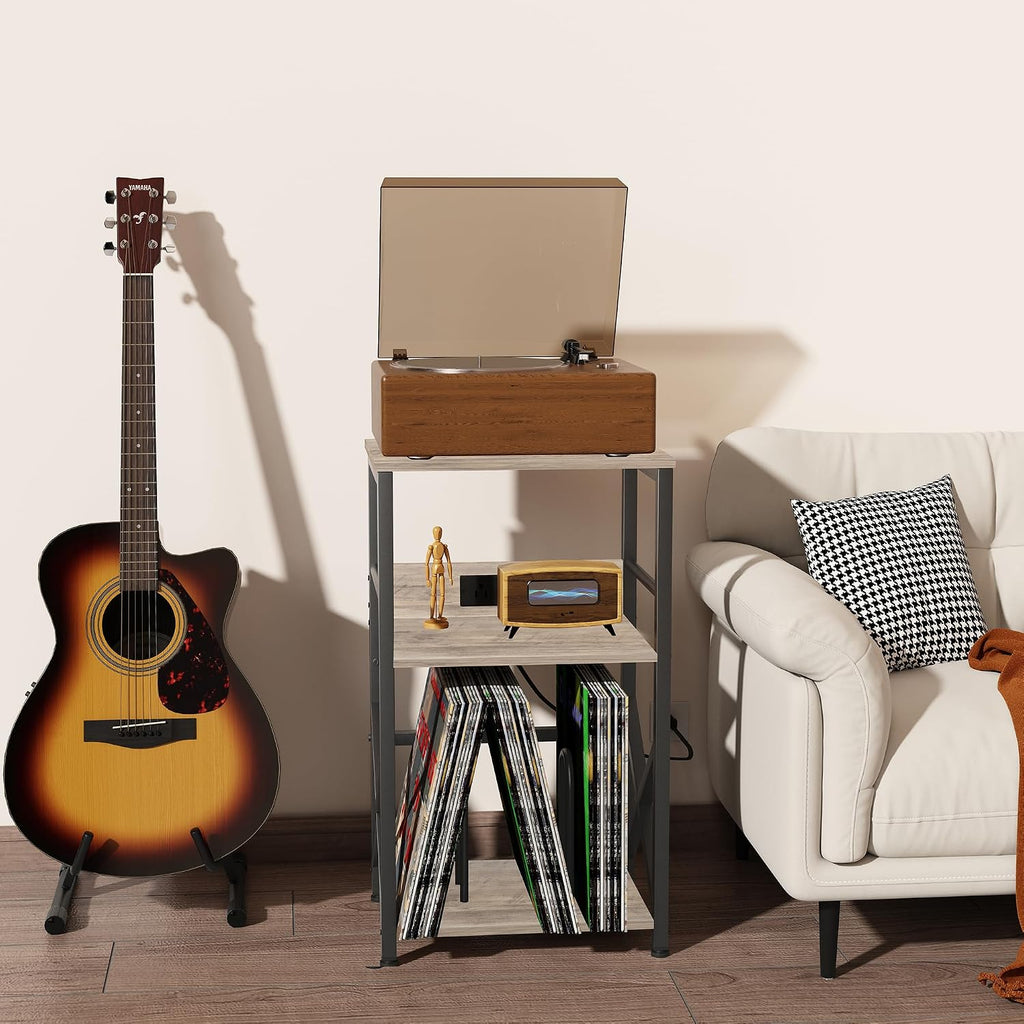DALEMHOME Record Player Stand with Charging Station, 3-Tier Side Table for 100 Vinyl Storage, End Table for Living Room, Bedroom, Greige HKET1001GY
