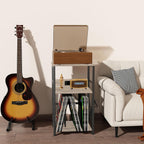 DALEMHOME Record Player Stand with Charging Station, 3-Tier Side Table for 100 Vinyl Storage, End Table for Living Room, Bedroom, Greige HKET1001GY