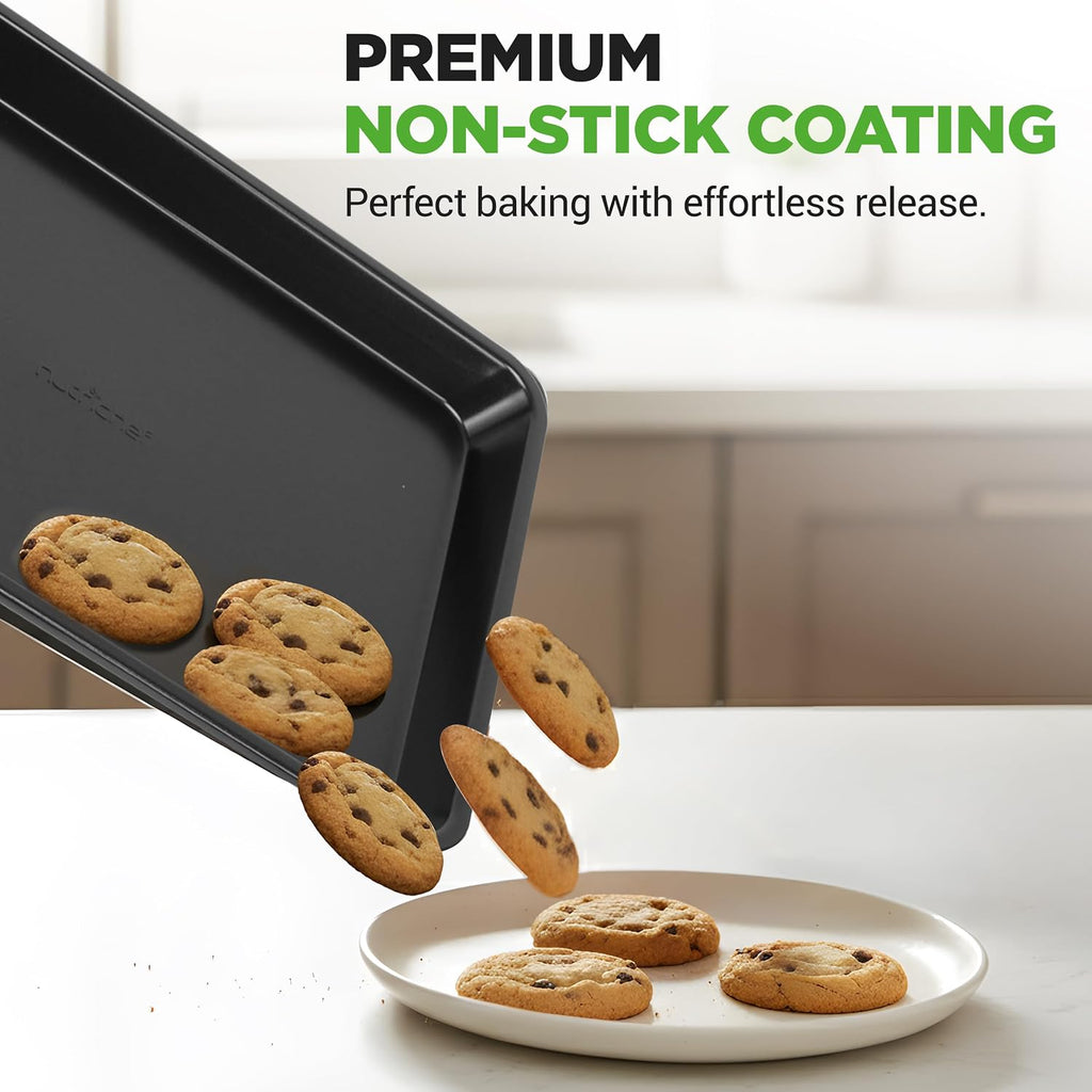 NutriChef Stackable Non-Stick Baking Pan Set – Carbon Steel Bakeware Set w/ Cookie Sheet, Muffin & Loaf Pan, Double Coated for Easy Release, Oven & Dishwasher Safe, Resists Warping, – Easy to Clean