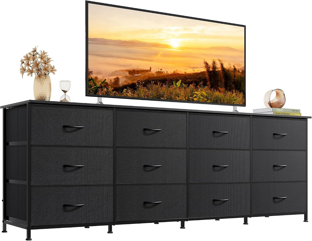 WLIVE Long Dresser TV Stand for 85 Inch TV, 12 Drawer Dresser, Black