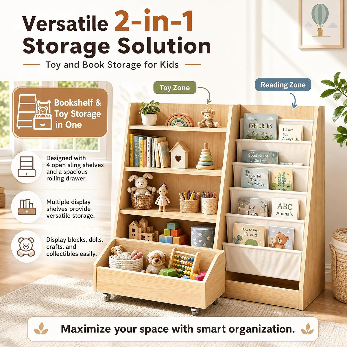 Kids Bookshelf and Toy Storage - Wooden Toddler Book Shelf with Drawer