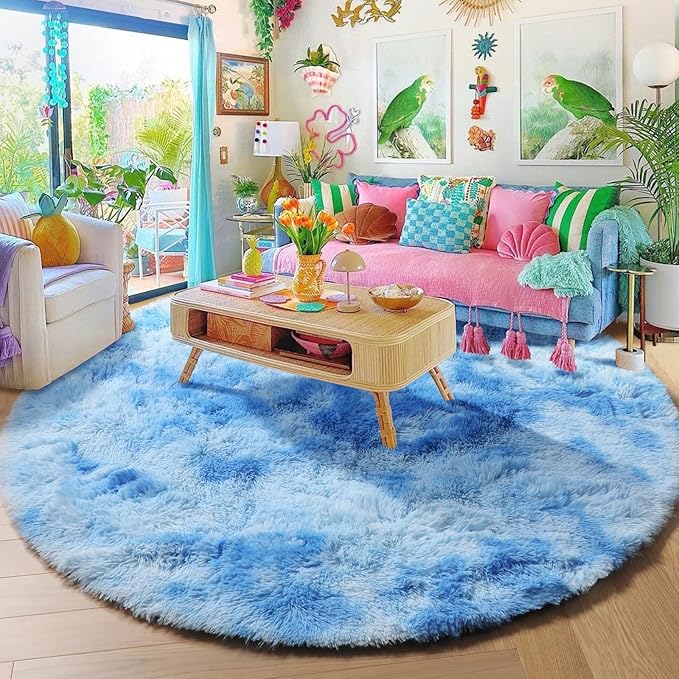 Amdrebio Tie-Dyed Light Blue Round Circle Rug 4Ft - Image 5