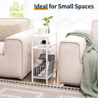 Narrow Side Table with Storage Basket Small End Table for Small Space,White
