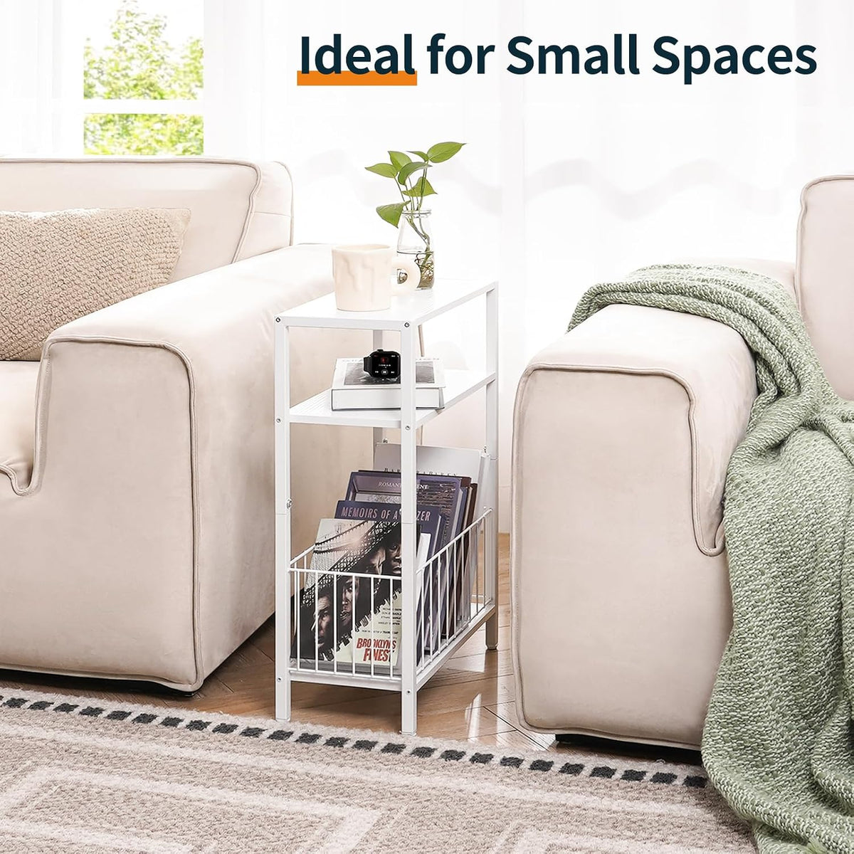 Narrow Side Table with Storage Basket Small End Table for Small Space,White