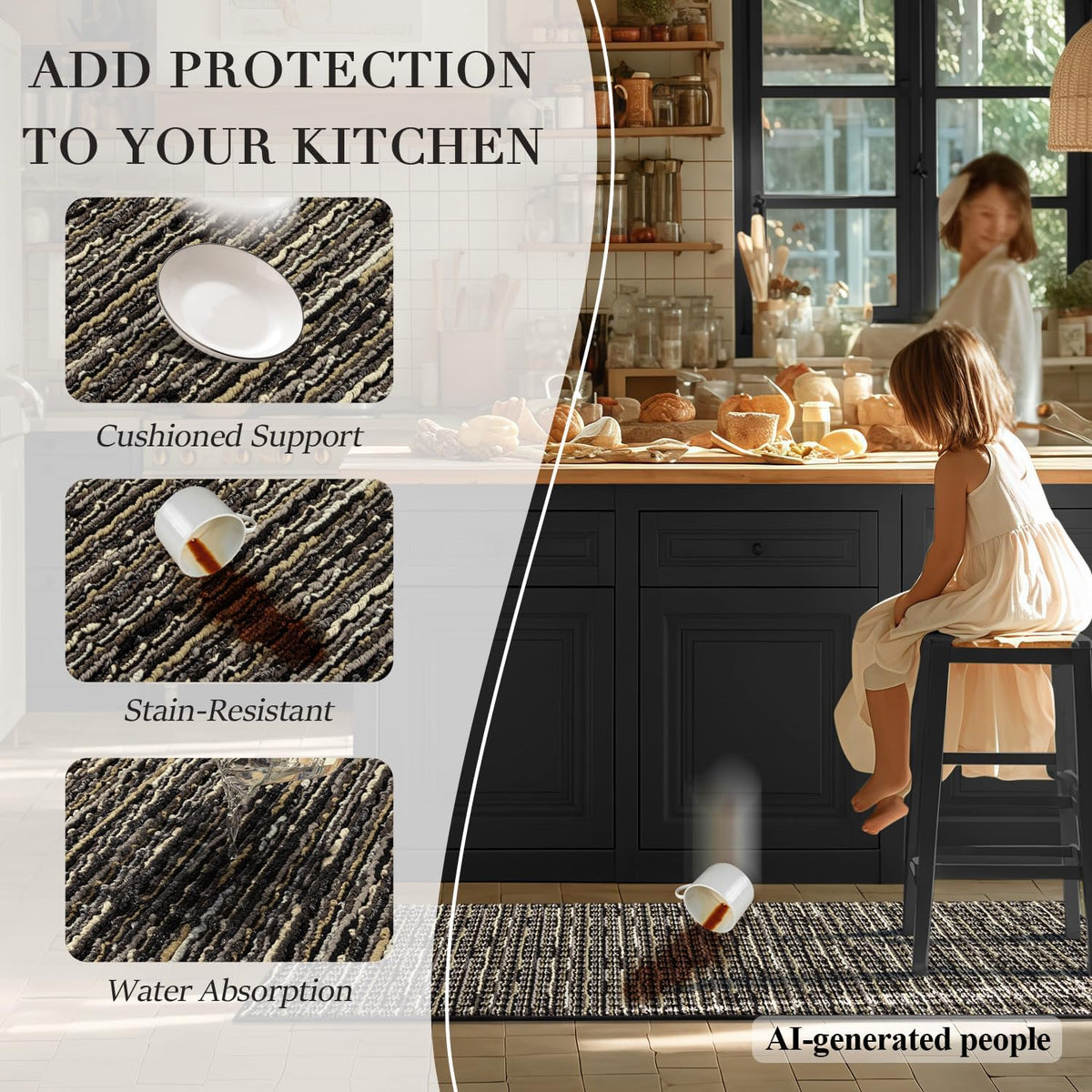 BSICPRO Kitchen Rugs Sets of 2, Non Slip Kitchen Mats for Floor, Black