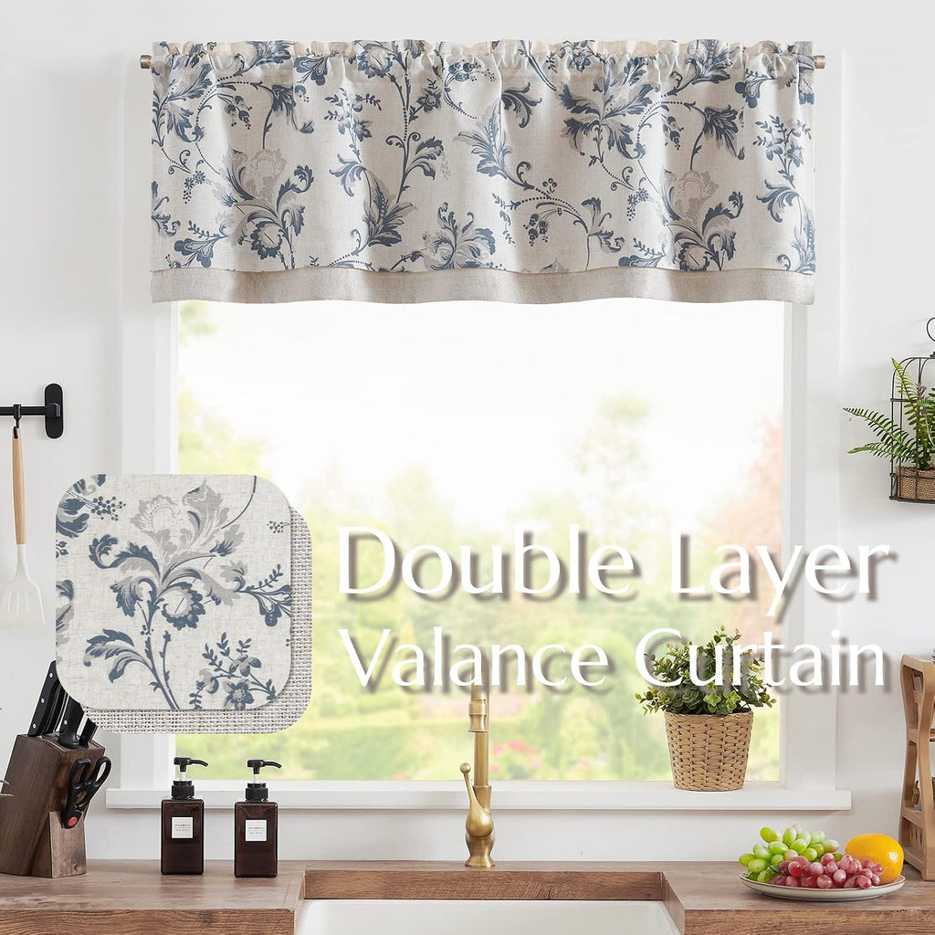 jinchan Floral Linen Cottage Kitchen Valance Curtain, 50x16, 1 Panel, Blue