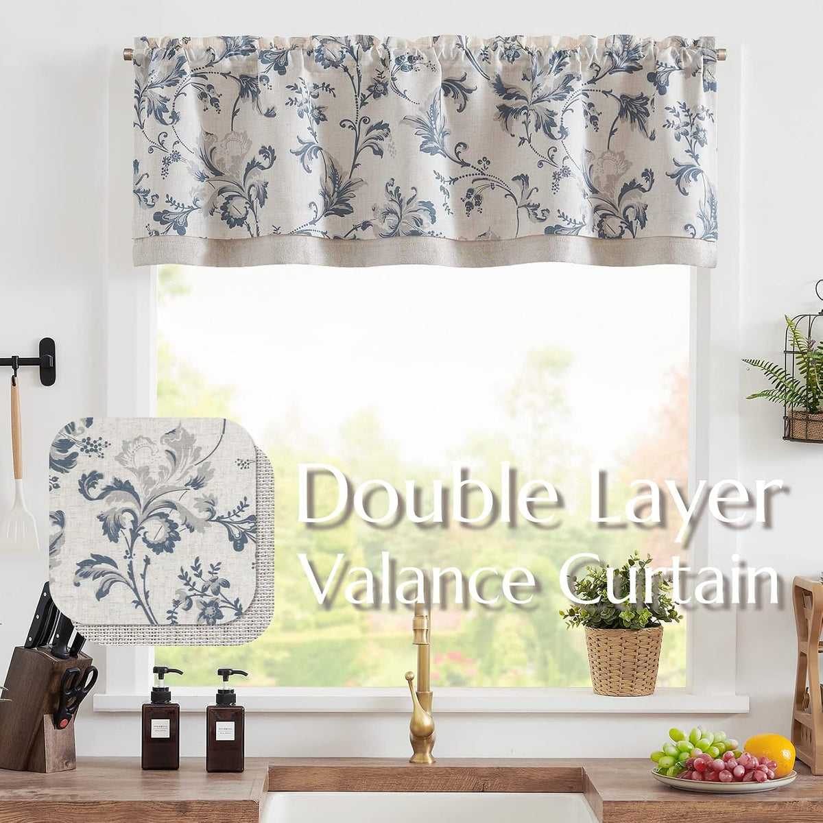 jinchan Floral Linen Cottage Kitchen Valance Curtain, 50x16, 1 Panel, Blue