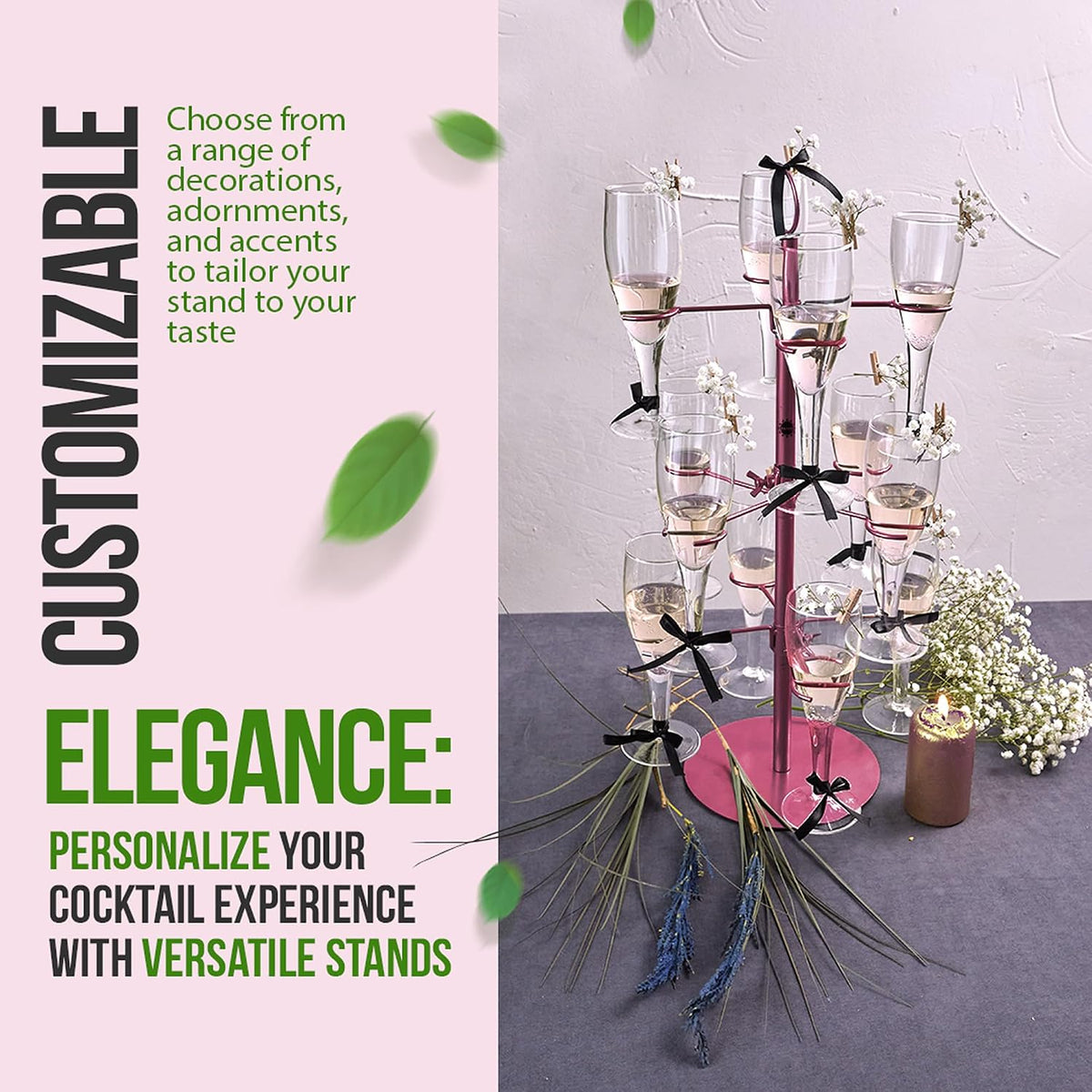 Cocktail Tree Stand, Metal Drink Champagne Tower, 3 Tier - 12 Holders For Mimosa Bar, Martini, Wine, Margarita Glass Cups (Pink)