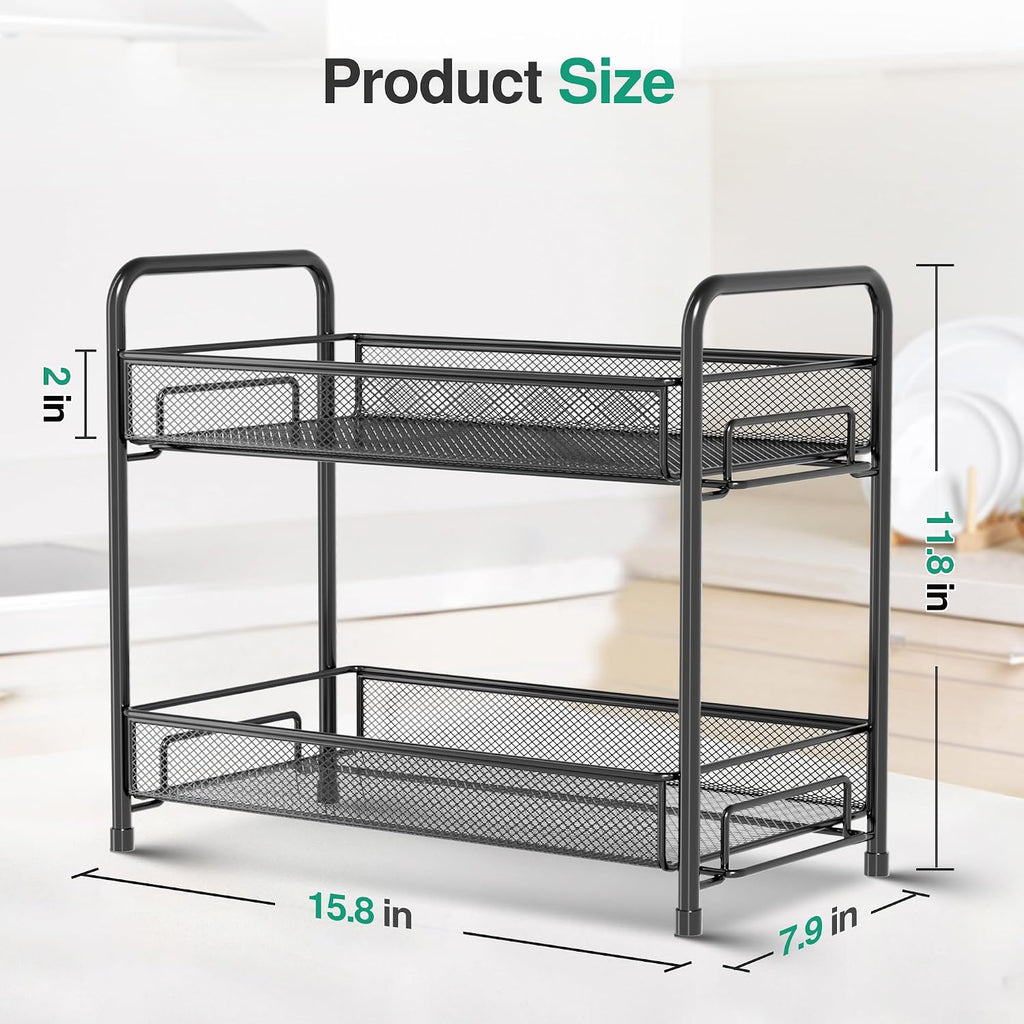 Spice Rack Organizer for Countertop,Xpatee 2-Tier Foldable Metal Rust-Proof Standing Large Seasoning Storage Shelf with Guardrail and Mesh Design for Kitchen Cabinet Bathroom Living Room Pantry, Black
