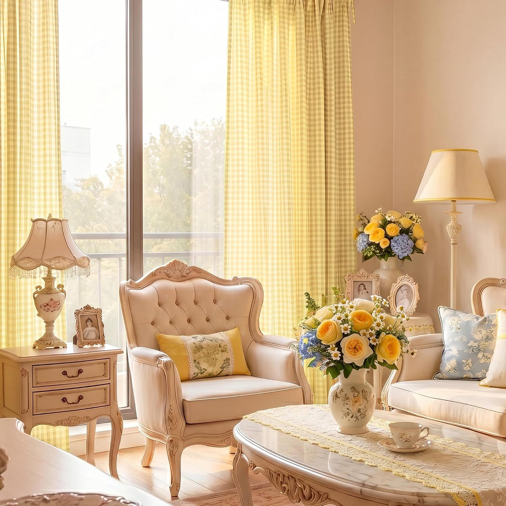 NICETOWN Butter Yellow Gingham Curtains, Tie Top Bow Knot Checkered Window Treatments Cheerful Rustic Farmhouse Semi Sheer Plaid Light Filtering Drapes for Kitchen Dining Room, W52 x L84, 2 Panels