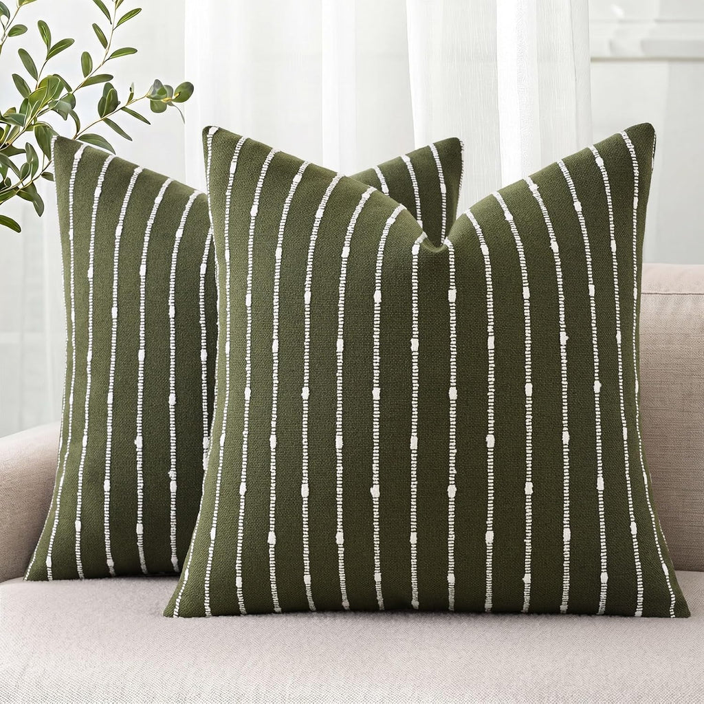 decorUhome Striped Decorative Throw Pillow Covers 18x18 Set of 2, Olive