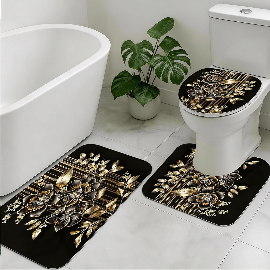 4pcs Shower Curtain Set Black Gold Flower Bathroom Decor with Rug