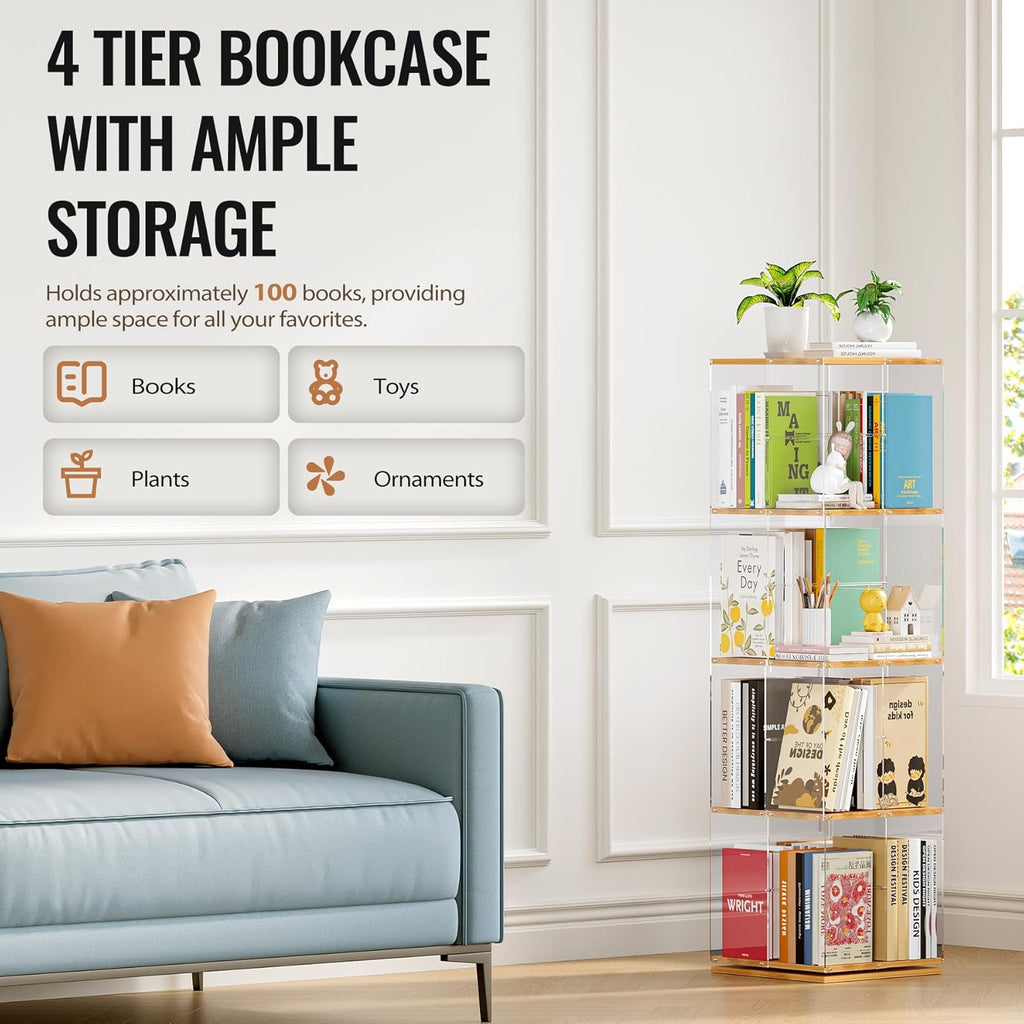 TAKEKIT Rotating Bookshelf, 360 Degree Revolving Bookcase, 4-Tier Spinning Bookshelf, Clear Acrylic & Solid Wood Rotating Bookcase for Kid’s Playroom, Bedroom and Living Room, Square