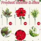 9 Pack Poinsettias Flowers Artificial Christmas Flowers for Outdoors, 14'' Mixed Fake Red Velvet Poinsettias Flowers Faux Eucalyptus Plants Pine Branches UV-Resistant for Vase Garden Porch Home Decor