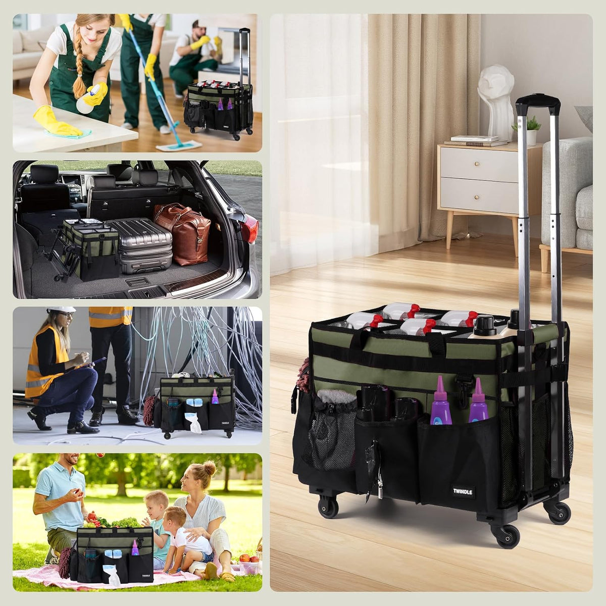 Extra-Large Rolling Cleaning Caddy with Wheels,Cleaning Caddy Bag with Detachable Trolley,Water Resistant Lining Cleaning Supply Organizer with Handle for Cleaners,Housekeepers (Army Green)