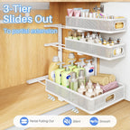 Under Sink Organizer, 3-Tier Thickened Metal Pull out Cabinet Organizer Shelf, Height Adjustable Slide out Storage Drawer Rack for Kitchen Bathroom Pantry Laundry Home Organization, 2-Pack, White