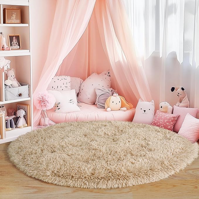 4'x4' Beige Round Rug for Bedroom, Ultra Soft Fluffy Circle Rug for Kids Girls - Image 2