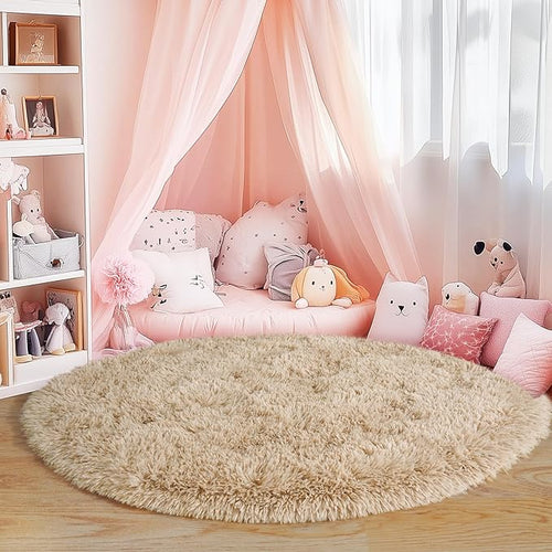 3'x3' Beige Round Rug for Bedroom, Ultra Soft Fluffy Circle Rug for Kids Girls - Image 2