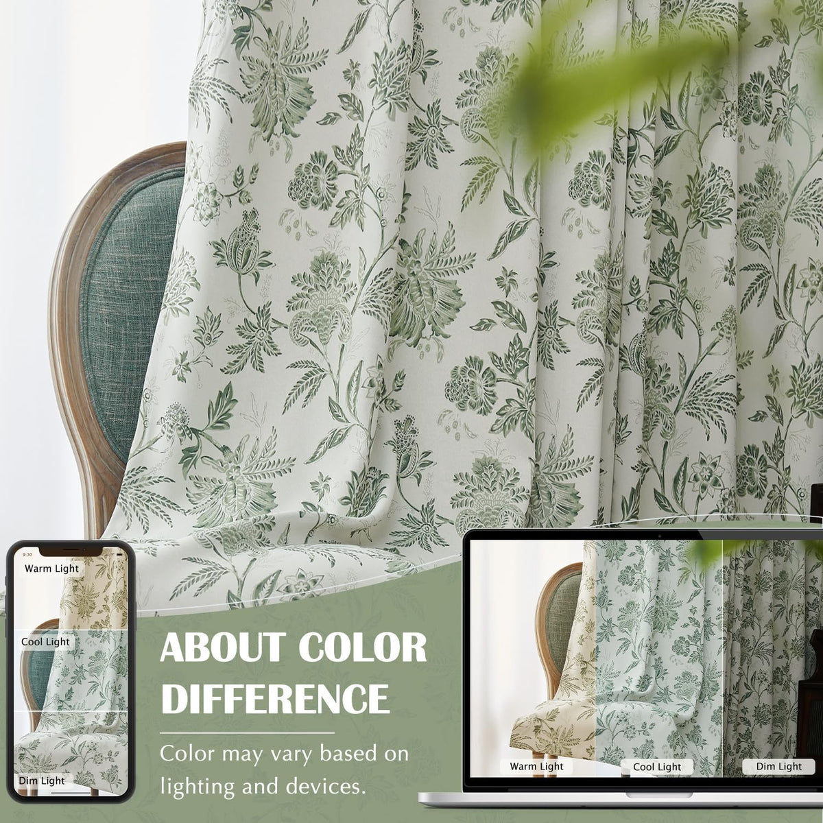 jinchan Green Floral Blackout Curtains 96 Inch Vintage Back Tab 2 Panels