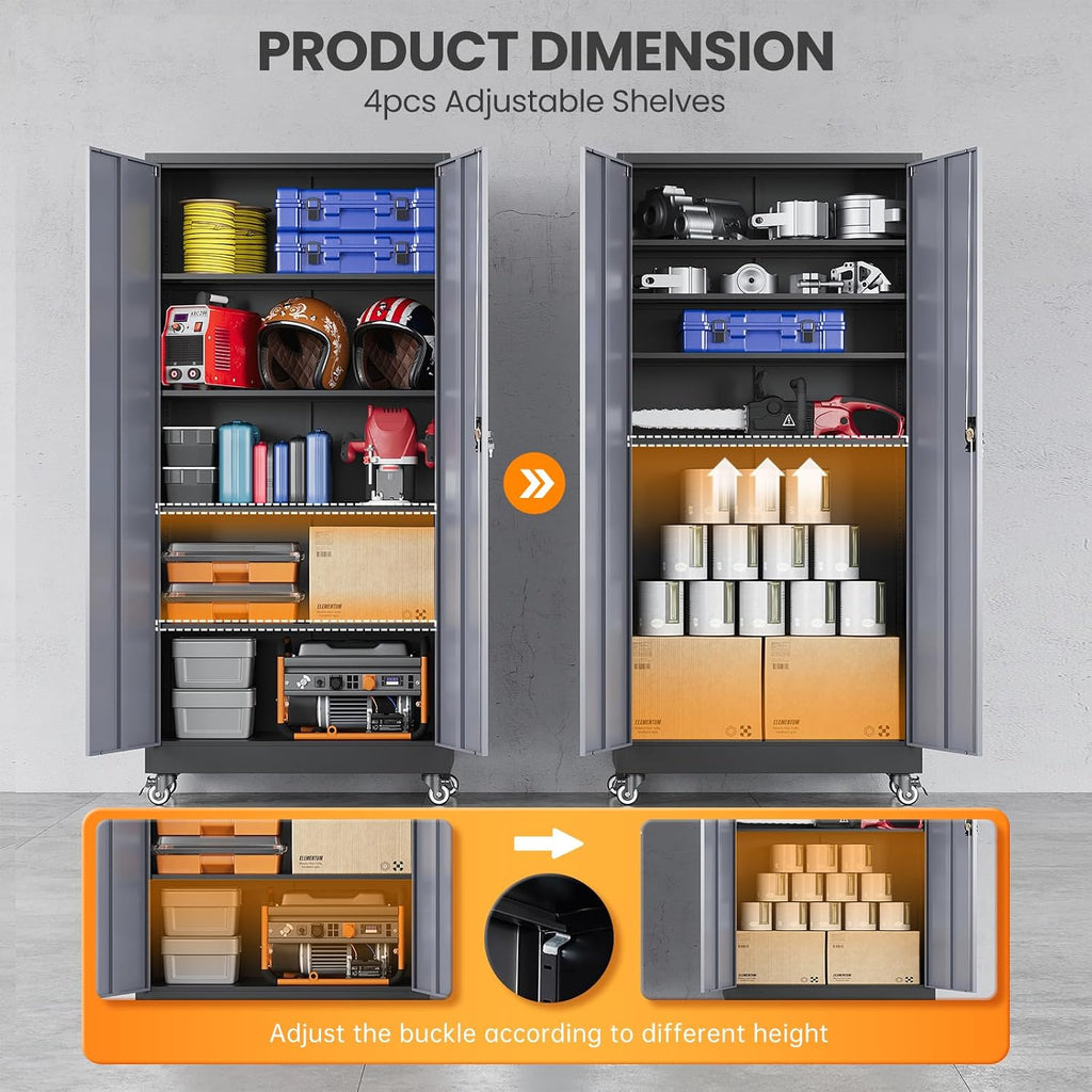 75"H Metal Garage Cabinets with Wheels, Storage Cabinet with 2 Doors
