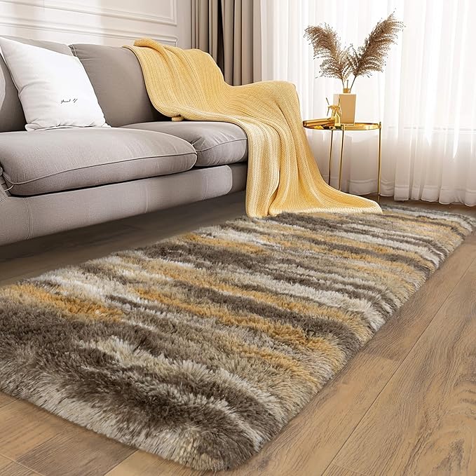 Soft Runner Rugs for Bedroom Hallways, 2x6 Abstract Brown Fluffy Shag Throw - Image 2