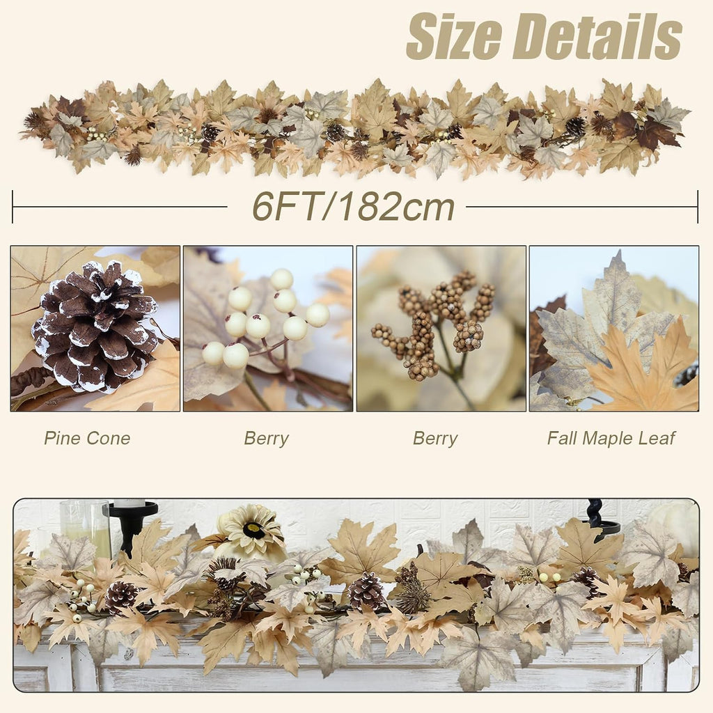 Realistic Fall Garland with Lights, 6 FT Real Touch Feel Leaves Garland with Berries Pine Cones, Fall Decorations for Home Thanksgiving Halloween Decorations Indoor Farmhouse Porch Fireplace