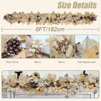 Realistic Fall Garland with Lights, 6 FT Real Touch Feel Leaves Garland with Berries Pine Cones, Fall Decorations for Home Thanksgiving Halloween Decorations Indoor Farmhouse Porch Fireplace
