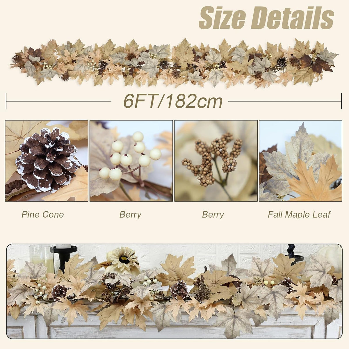 Realistic Fall Garland with Lights, 6 FT Real Touch Feel Leaves Garland with Berries Pine Cones, Fall Decorations for Home Thanksgiving Halloween Decorations Indoor Farmhouse Porch Fireplace