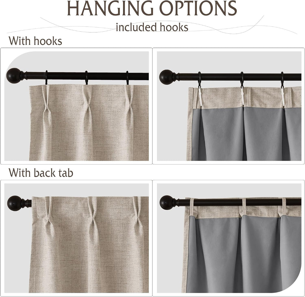RYB HOME Pinch Pleated Full Blackout Curtains Linen Blended Window Curtains 96 inches for Living Room Bedroom Home Office Privacy Thermal Insulated Drapes, W 42 x L 96 inch, Beige, 2 Panels